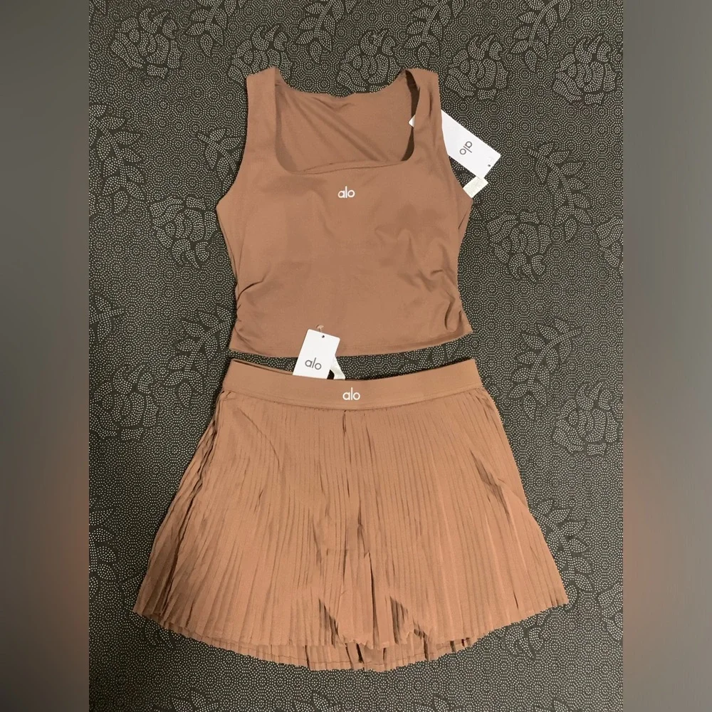 ALO Yoga Tan Pleated Skater Skirt with Matching Crop Tank